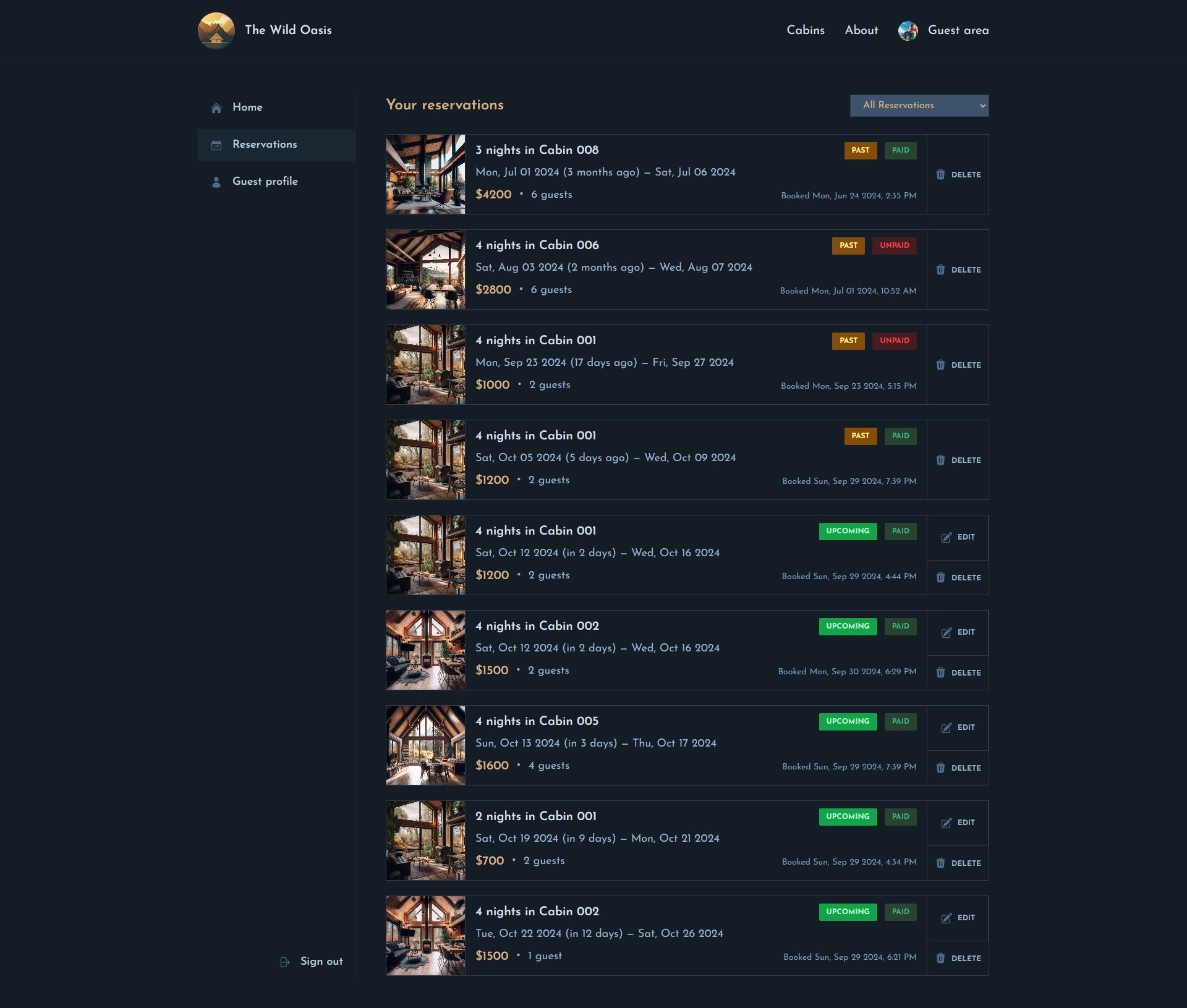 Image of reservations on page the WildOasisWeb