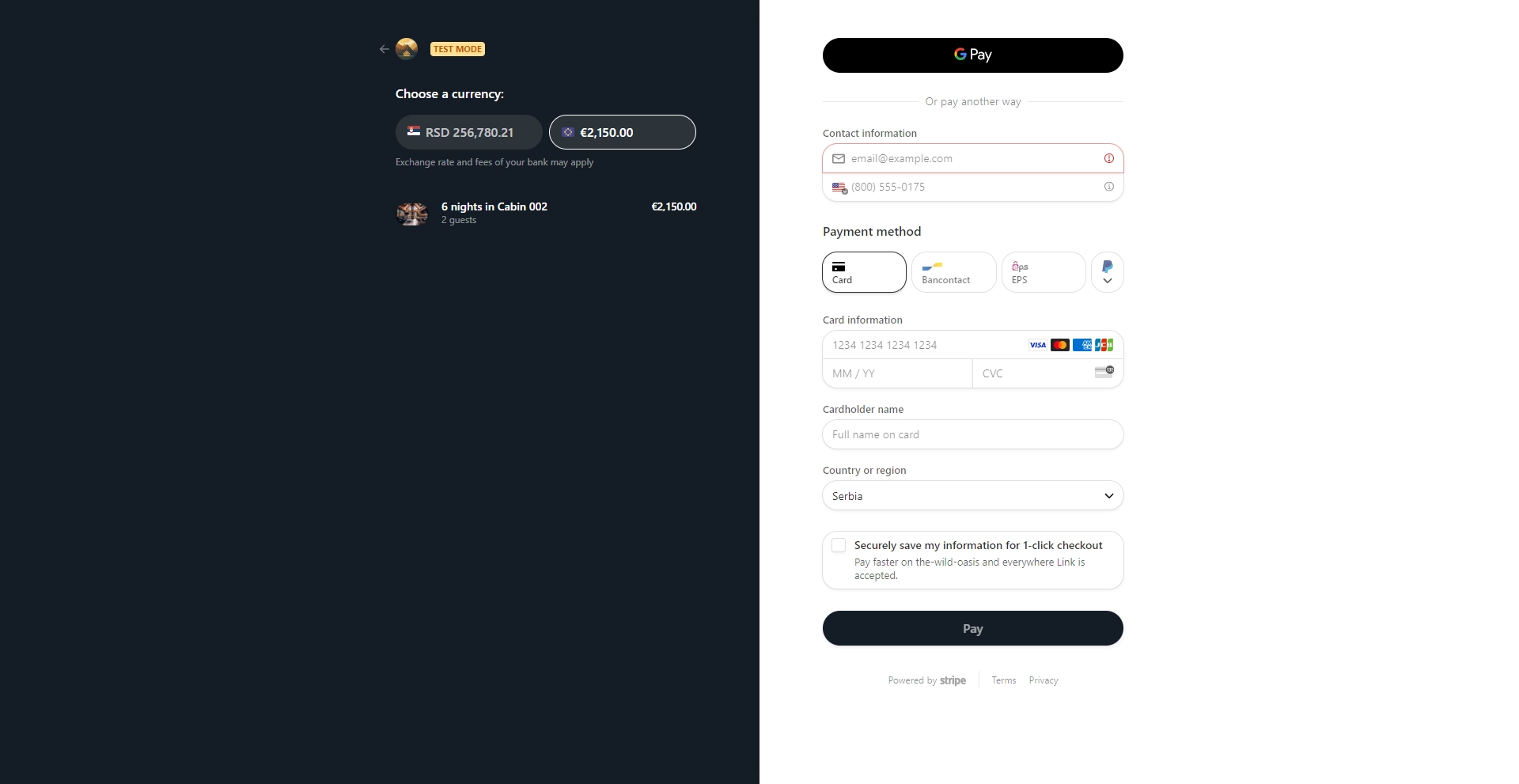 Image of stripe checkout on the WildOasisWeb