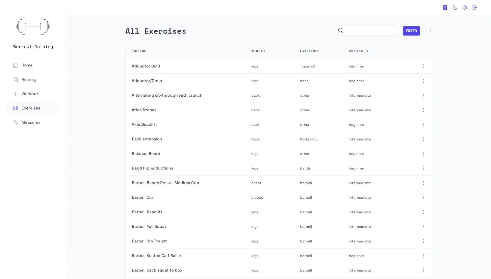 Image of a page where all exercises are on WorkoutNothing