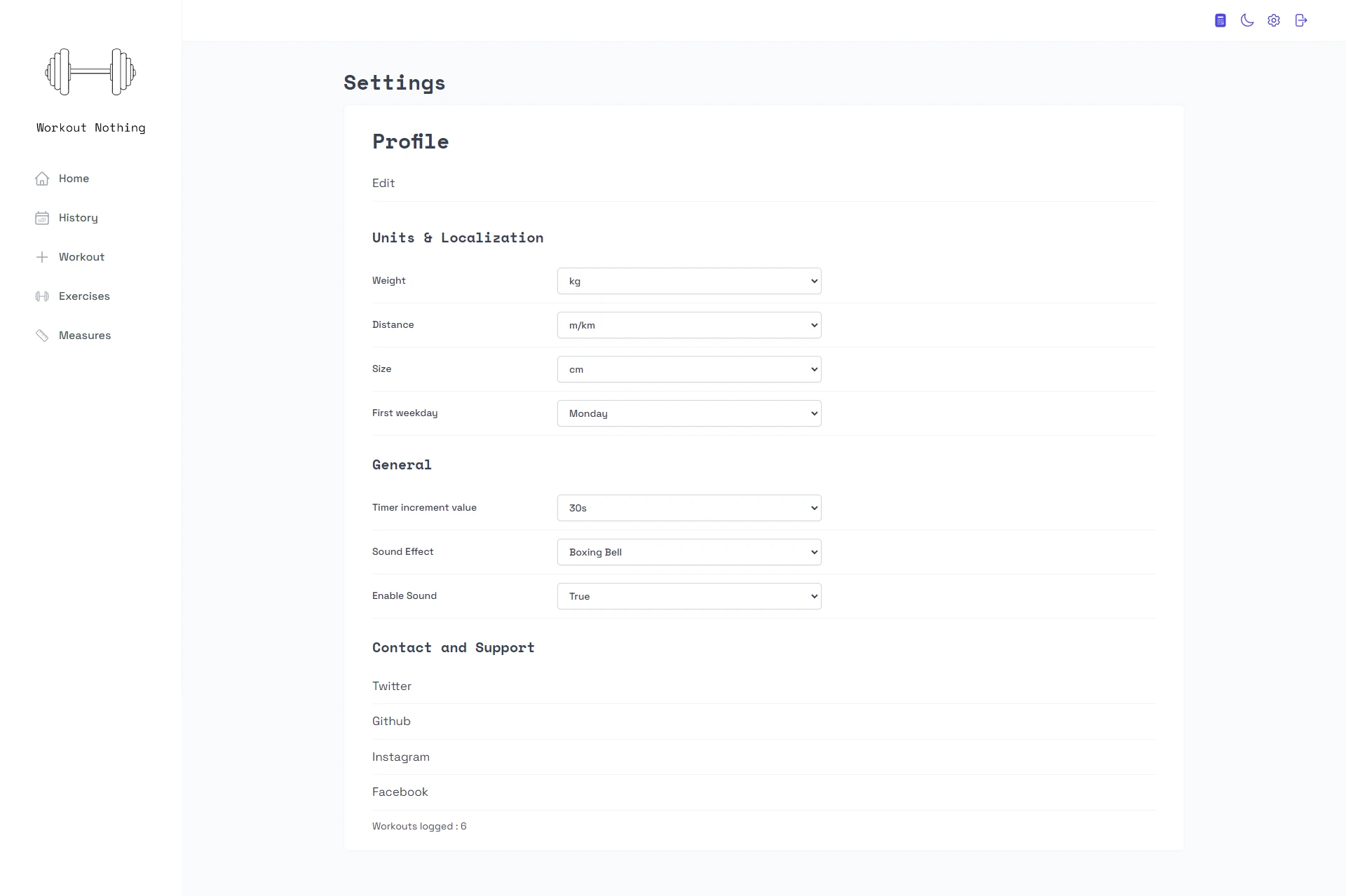 Image of a settings page on WorkoutNothing